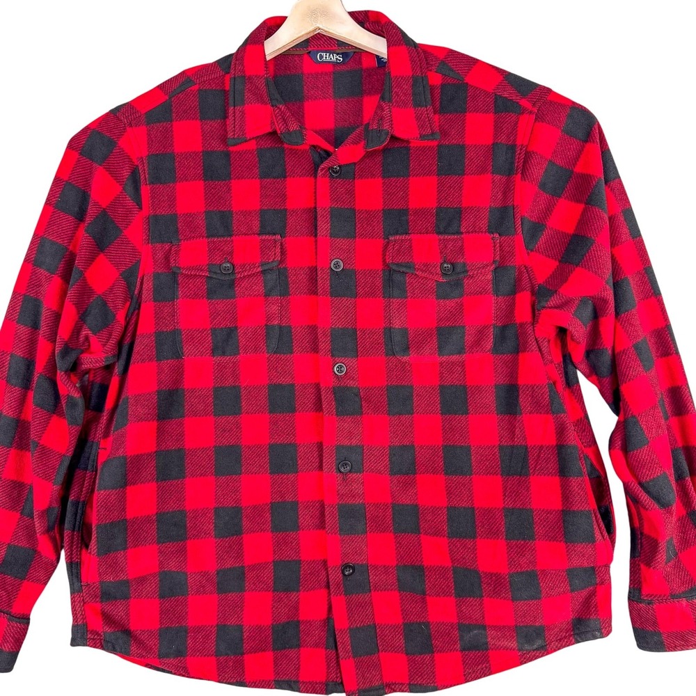 Chaps Shirt Jacket Mens XL Red Black Buffalo Plaid Fleece Button Front Shacket
